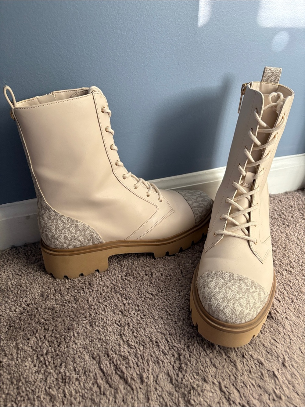 Michael Kors Cream Lace-Up Combat Boots with Tan Lug Sole